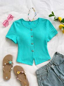 Soleia 女士度假针织纹理圆领开衫，饰有蝴蝶结和金属纽扣，修身下摆开衩，适合度假、约会、下午茶、海滩、邮轮、城市旅行、音乐节、波西米亚风度假等场合。 - 薄荷綠 - 查看 3