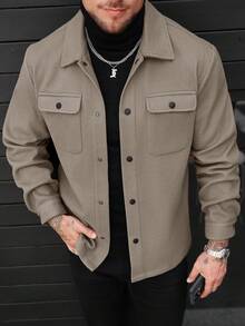 Manfinity Homme 男士纯色长袖单排扣口袋休闲羊毛混纺夹克，秋冬款 - 卡其色 - 查看 5