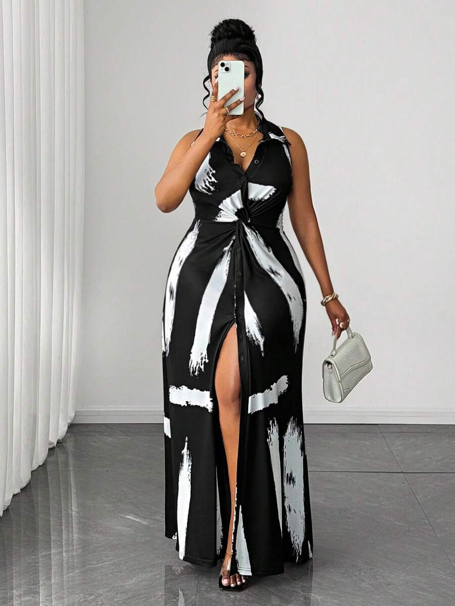 Maweii Vestido casual de punto con diseño de rayas y retorcido para mujer de talla grande - Blanco y Negro - Ver 1