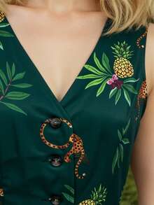 CAJUNI 女士休闲度假热带橄榄绿豹纹菠萝印花V领无袖背心，适合约会、聚会和外出穿着 - 墨綠色 - 查看 3