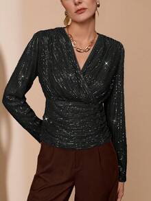 Aalyst 女士法式优雅奢华简约高端设计休闲度假工作装复古亮片交叉V领褶皱内衬长袖短款上衣，适合春、秋、冬季穿着。 - 黑色 - 查看 4