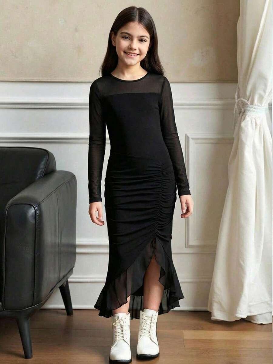 SHEIN 少女優雅正式黑色秋季針織長洋裝,長袖圓領不對稱下擺荷葉邊修身洋裝,適合晚宴派對與萬聖節 - 黑色 - 查看 1