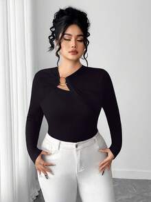 Elenzga 大码女式纯色休闲长袖T恤，适合日常通勤、秋冬季穿着 - 深灰色 - 查看 4