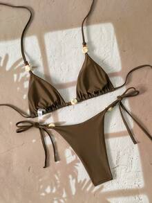 Swim Chiccia 女士纯色挂脖系带串珠性感比基尼套装，时尚休闲泳装，适合春、夏、秋、冬四季穿着 - 咖啡棕 - 查看 2