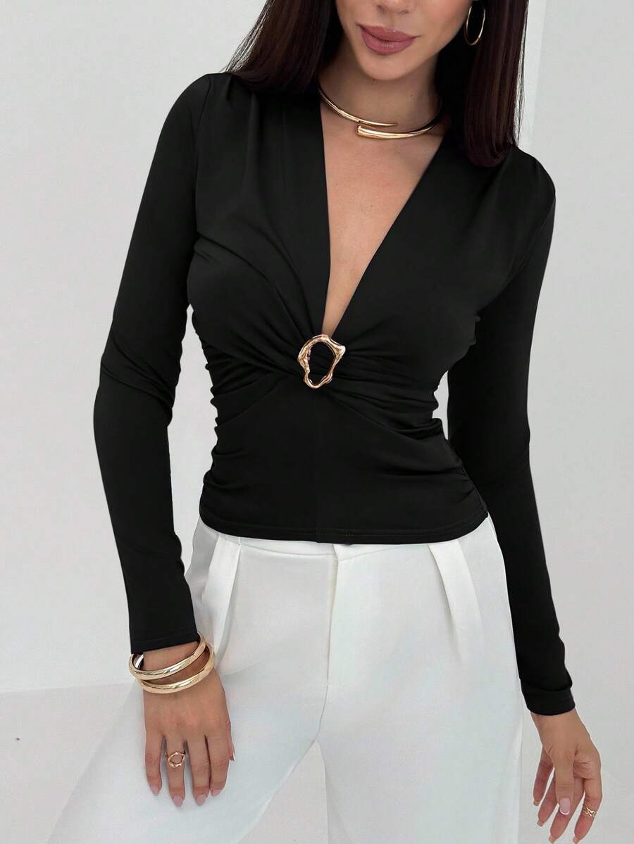 Aloruh Minimalist Sexy Deep V-Neck Long Sleeve Ruched T-Shirt In Eggplant Purple With Metal Buckle,Black Top - Black - View 1
