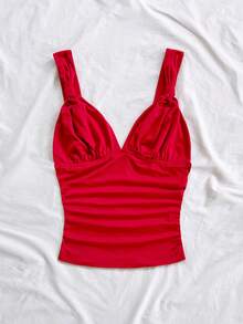 Soleia Áo tank top màu đỏ trơn, xếp ly xoắn, phong cách thường ngày lãng mạn, thích hợp cho kỳ nghỉ Giáng sinh, Ngày Valentine, Năm mới, dành cho nữ. - Đỏ - Xem 5