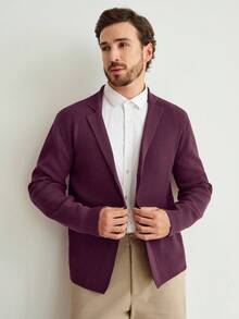 Manfinity Homme 男士纯色翻领长袖休闲针织开衫，秋冬款 - 酒紅色 - 查看 3