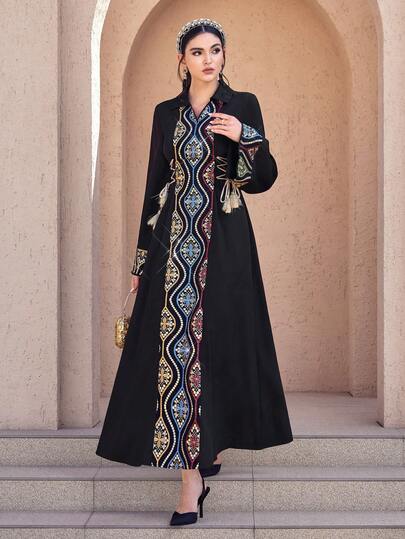 Al Najma Women's V-Neck Sequin Floral Embroidery Pattern Waist Tassel Tie Elegant Cinched Waist Party Arabic Flare Sleeve Dress Kaftan Jalabiya Dress Arabic Dress For Women Abaya For Women Dubai