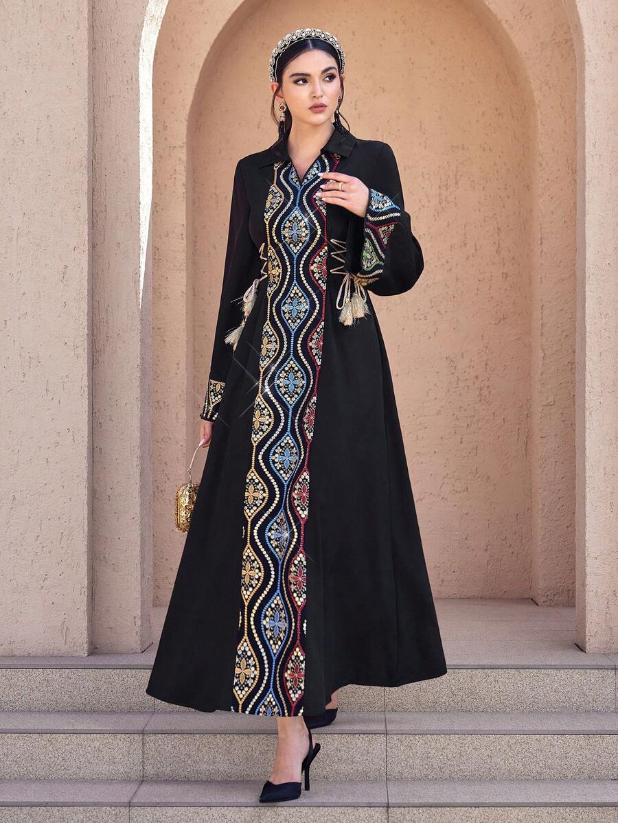 Al Najma Women's V-Neck Sequin Floral Embroidery Pattern Waist Tassel Tie Elegant Cinched Waist Party Arabic Flare Sleeve Dress Kaftan Jalabiya Dress Arabic Dress For Women Abaya For Women Dubai