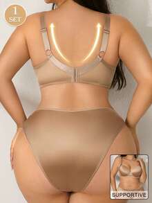 2 Pieces Set Women's Plus Size Comfortable Solid Shiny Smooth Fabric Wire-Supported Anti-Sagging Lift Instantlift Bra Lingerie Set - Champagne - View 2