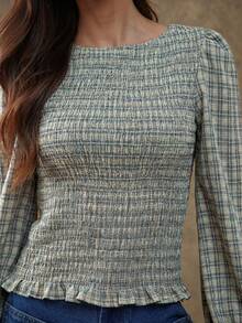 WESTFADE Áo thun ôm sát cổ thuyền tay dài, dệt kẻ caro, viền bèo nhún, tay phồng - Màu xanh nhạt - Xem 6