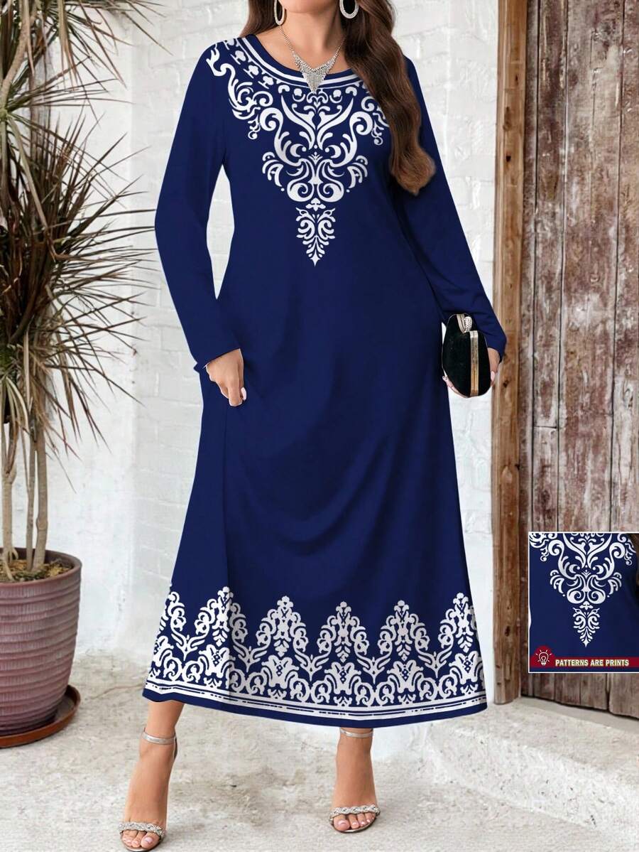 Al Najma Robe longue en tricot à col V élégante avec imprimé floral pour femmes grandes tailles, convient pour les sorties, les vacances, le port quotidien, les occasions décontractées, les fêtes, les festivals. Robe maxi bleue à fleurs, robe fluide, robe fleurie vintage, robe à imprimé floral, robe bleue, robe à col fleuri, robe, robe grande taille - bleu indigo - Voir 1