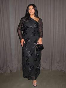 Firerie Plus Size Women's Elegant Minimalist Chic Fashion Basic Everyday Wear Ins Style Office Commute Influencer Music Festival Embroidered Stretch Mesh Asymmetrical Neck Ruched Bodycon Slim Fit Long Sleeve Maxi Dress/New Year - Black - View 6