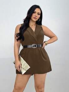 Firerie 大码女士优雅通勤连体裤，翻领，无袖，带口袋，四季皆宜，秋季返校季必备 - 棕色 - 查看 7