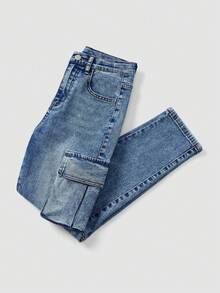 بنطلون جينز أزرق مغسول للأولاد من سن 8 إلى 12 سنة، جيوب كارجو، خصر مطاطي، قماش جينز مطاطي ناعم، مناسب للمشي في المدينة، الموضة اليومية، الإطلالات اليومية، الخروجات، السفر، التجمعات، وصول جديد - أزرق متوسط - مشاهدة 3