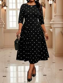 SHEIN Lady 加大码优雅派对波尔卡圆点印花连衣裙 黑色波尔卡圆点连衣裙 黑白波尔卡圆点连衣裙 女士教堂连衣裙 波尔卡圆点连衣裙 优雅中长连衣裙 黑白波尔卡圆点连衣裙 波尔卡圆点中长连衣裙 加大码波尔卡圆点印花 黑白圆领撞色绑带开衩中长连衣裙 七分袖优雅连衣裙 - 酒紅色 - 查看 5