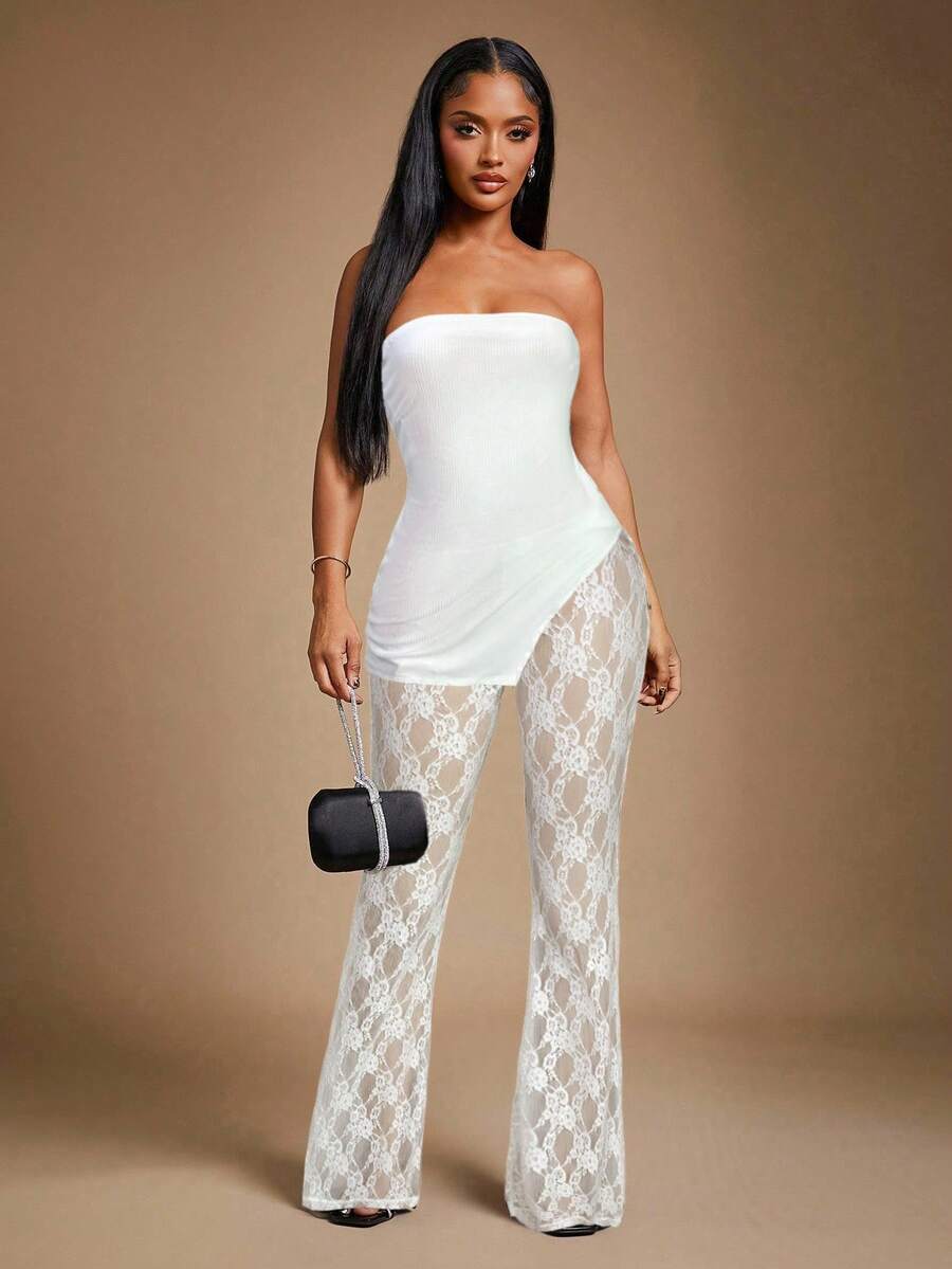 Radiana Bộ đồ ren trắng 2 món gợi cảm và thanh lịch dành cho nữ, gồm áo bandeau gân dày và quần ống loe ren, vải co giãn cao ôm sát cơ thể, thích hợp cho các buổi hẹn hò, tụ tập, tiệc tùng, câu lạc bộ, cuộc sống về đêm - trắng - Xem 1