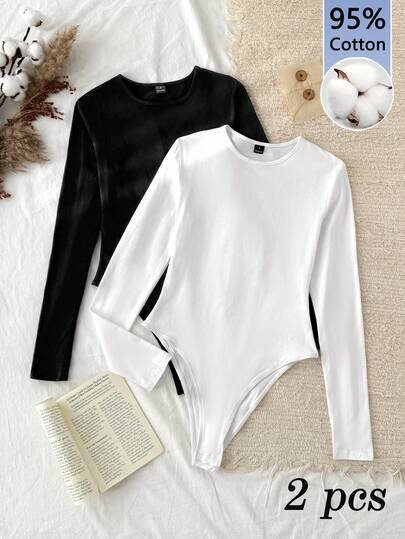 Tseoso 2pcs/Set Women Solid Color Knitted Round Neck Long Sleeve Bodysuit, Casual, Cozy Chic, Slim And Versatile,Autumn/Winter, Versatile For Daily Wear, 95% Cotton, Indoor And Outdoor, Vintage, Soft Girl, Outing Items, Home, Back To School, Fall Women Clothes, Versatile, Old Money, New Money, Gift,