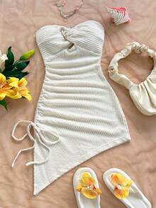 Soleia Abito mini asimmetrico da donna in tessuto jacquard lavorato a maglia giallo-verde, con laccetti laterali e orlo con stringhe, stile vacanza - Albicocca - Visualizzare 6