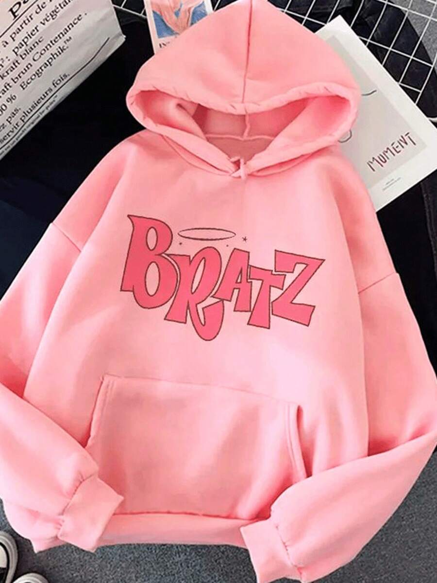 Sudadera con capucha y estampado de letras de dibujos animados para mujer,Camiseta con capucha de estilo callejero para mujer - Rosa - Ver 1