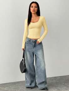 SHEIN PETITE Women's Casual Minimalist Crew Neck Yellow Tight Fit Basic Long Sleeve T-Shirt, Summer & Autumn/Winter - Light Yellow - View 6