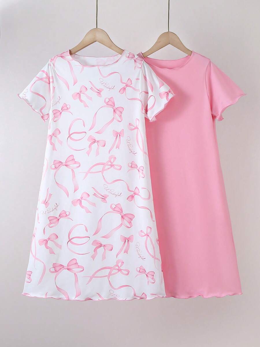 SHEIN 2件套 少女甜美粉色短袖连衣裙，饰有可爱蝴蝶结图案，柔软舒适的针织家居服，送给青少年女孩的绝佳礼物 - 粉色 - 查看 1