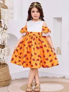 Young Girl Casual Minimalist Comfortable Round Neck Color Block Ruffle Hem Dress - Multicolor - View 2