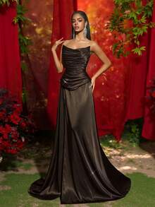 Glamrae Elegantes minimalistisches apokalyptisches vintage Satin plissiertes Meerjungfrau-Saum Abendkleid, geeignet für Festivals, Hochzeiten, Galas, Bankette, Geschäftsveranstaltungen und Konzerte - Kaffeebraun - Übersicht 6