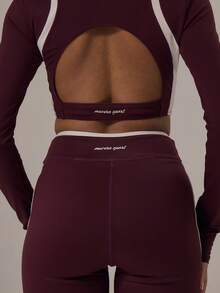 Musera Sport Pantalones cortos ajustados con diseño cruzado al frente y ribetes contrastantes, ropa deportiva de invierno para gimnasio y actividades al aire libre, verano - Burdeos - Ver 2