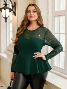 SHEIN Clasi Camiseta negra de talla grande con parches de malla, dobladillo con volantes, ajustada, adecuada para la temporada de carnaval - Verde Oscuro - Ver 4