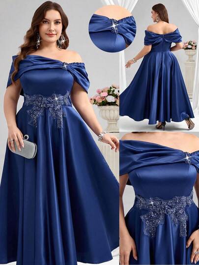 Coutiva Plus Size Women Elegant Drop Shoulder Asymmetrical Collar With Applique Design And Wide Swing Satin Ball Gown, Suitable For Birthday Party, Graduation Ceremony, Wedding Guest, Back To School Party Elegant & Luxurious Lotus V-Neck 3D Floral Decor High Slit Big A-Line Maxi Dress With Train, Evening Gown, Wedding Guest Dress, Party Dress, Formal Dress, Valentine's Day