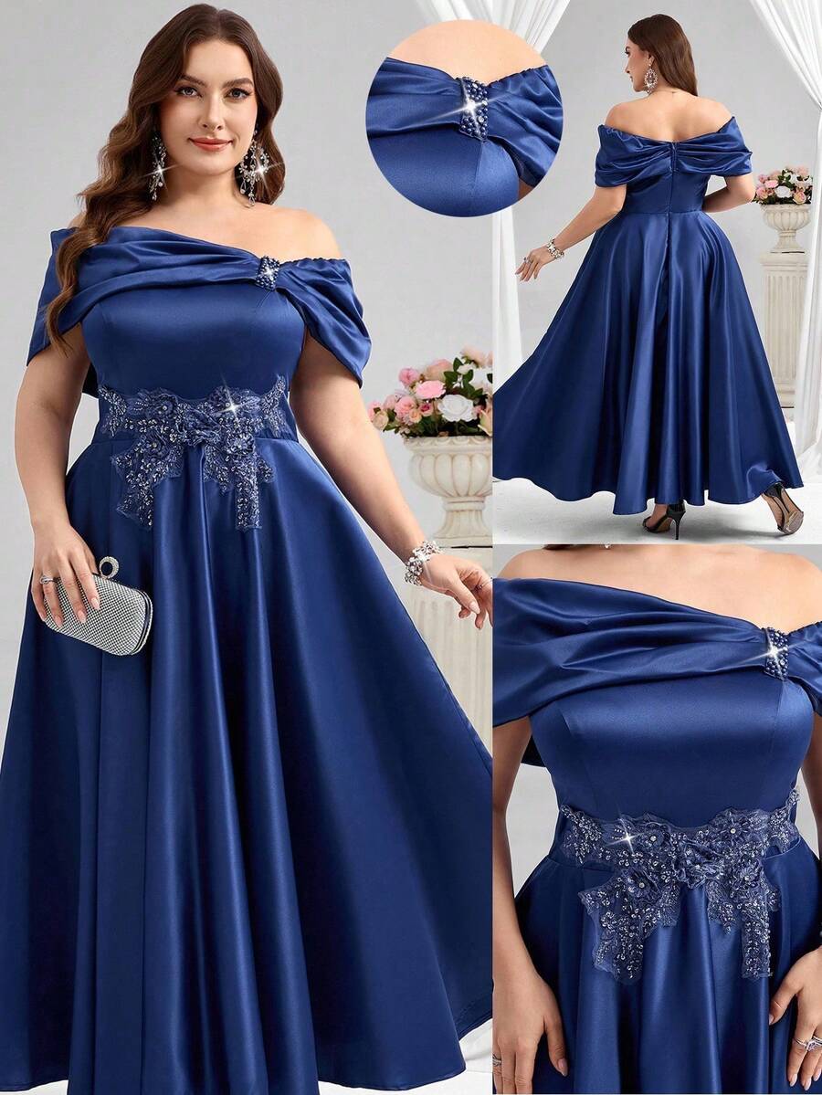 Coutiva Đầm dạ hội satin dáng xòe rộng, thanh lịch dành cho nữ cỡ lớn, vai rớt, cổ bất đối xứng với họa tiết thêu nổi, phù hợp cho tiệc sinh nhật, lễ tốt nghiệp, dự đám cưới, tiệc tựu trường. Đầm maxi dáng chữ A rộng, sang trọng, cổ chữ V, họa tiết hoa sen 3D, xẻ cao, có đuôi dài, thích hợp cho dạ hội, dự đám cưới, tiệc tùng, trang phục trang trọng, ngày Valentine.
