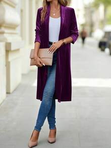 SHEIN Clasi Solid Open Front Coat In Fall/Winter For Women - Purple - View 6