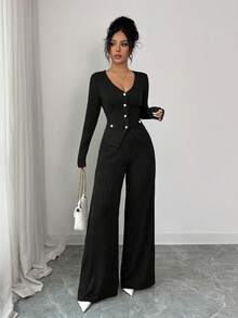 Elenzga 女士咖啡棕色纹理V领开衫，珍珠纽扣设计，长袖上衣，优雅、精致、性感，非常适合作为生日礼物、约会、旅行、独立日、网络星期一、万圣节、光棍节、返校派对、单身派对、节日穿着。 - 黑色 - 查看 7