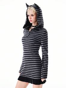 Bloopia Women's 2 In 1 Striped Doberman Ear Fuzzy Hooded Long Sleeve Mini Dress - Multicolor - View 1