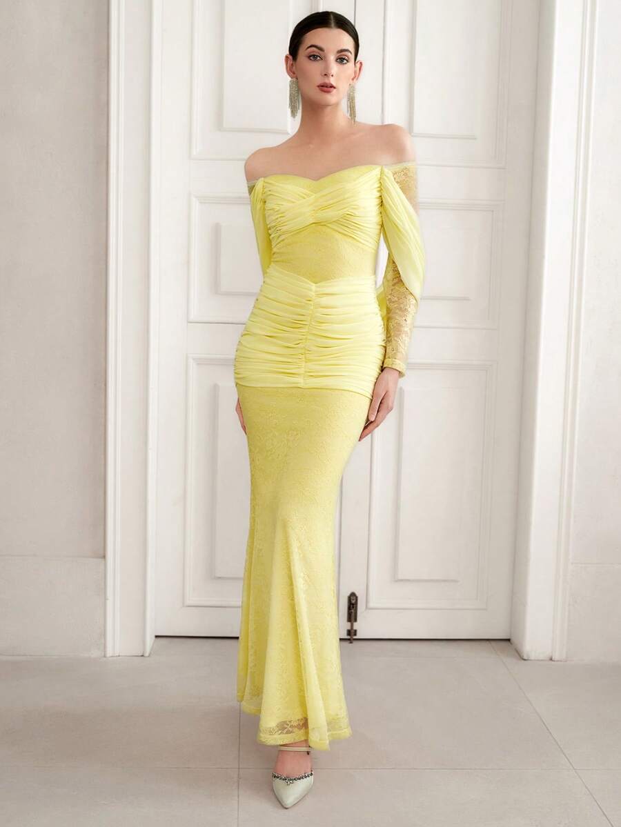 Elenzga Nuevo vestido largo elegante para mujer, vestido de noche ajustado y sexy con diseño calado, vestido de fiesta de manga larga fruncido de moda - Amarillo - Ver 1