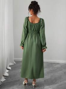 SHEIN V-Neck Long Sleeve Ruffle Trim Tie Front Maternity Dress - Apricot - View 2