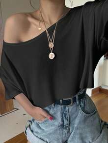 SHEIN EZwear 女士黑色鬆身雪紡領寬鬆露肩上衣