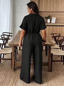 Weeklong Plus Size Women Solid Color Short Sleeve Single-Breasted Shirt And Wide Leg Pants Casual 2 Pieces Set - Black - View 2
