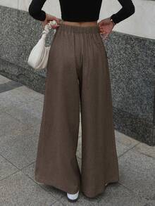 DAZY Quần ống rộng dáng rộng có túi và cạp chun cho nữ, màu trơn - màu nâu - Xem 2