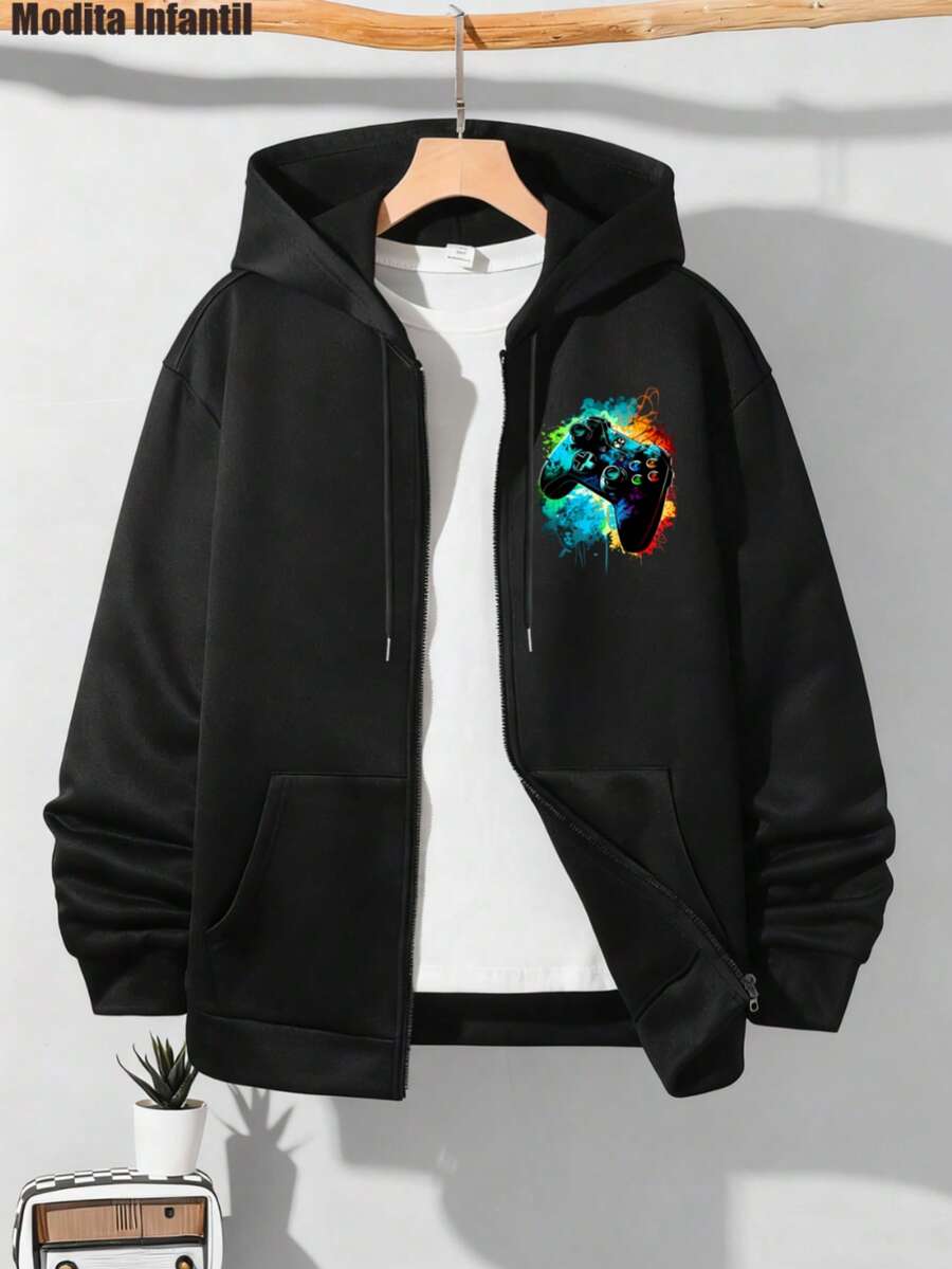 KID005|Navidad|1 pieza Abrigo infantil / Chaqueta con capucha para niños|Suéter para infantes con capucha negra con impresión de mando de juego que cautiva y es perfecto para los amantes de los videojuegos - Negro - Ver 1