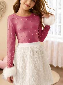 Tween Girls Pink Autumn Country Concert Elegant Long Sleeve Faux Pearl T-Shirt With Faux Fur Cuff & Short Fringed Skirt Christmas Party Outfit Set - Purple - View 6