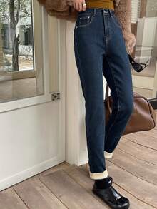 DAZY 女士高腰紧身牛仔裤，弹力修身保暖九分牛仔裤，秋冬季 - 深色水洗藍 - 查看 4