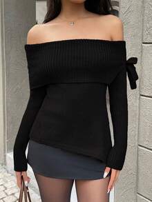 SHEIN Unity 女士纯色简约露肩毛衣，日常穿着 - 黑色 - 查看 5