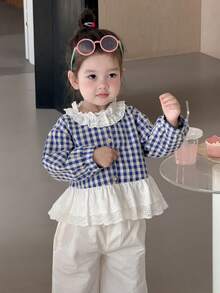 DAZY Toddler Girls' Lace Plaid Ruffle Trim Long Sleeve Blouse, Spring/Autumn