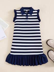 Casuvi Kids 1pc Girls' Fresh School Style Blue & White Striped Polo Collar Dress (Flutter Sleeves + Ruffle Hem Design), Regular Thickness, Casual, Summer - Black and White - View 3