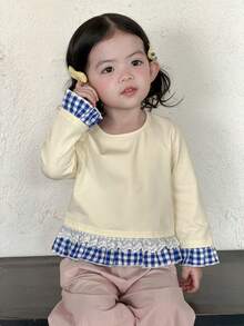 DAZY Baby Girls' Round Neck Tie-Up Plaid Patchwork Ruffle Trim Long Sleeve Top Spring - Apricot - View 1