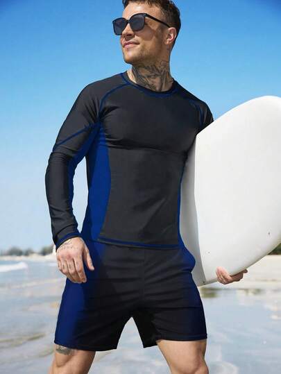 ZELFYO Men's Long Sleeve Colorblock Rashguard Top And Beach Shorts Swim Set With Pocket Details, Holiday