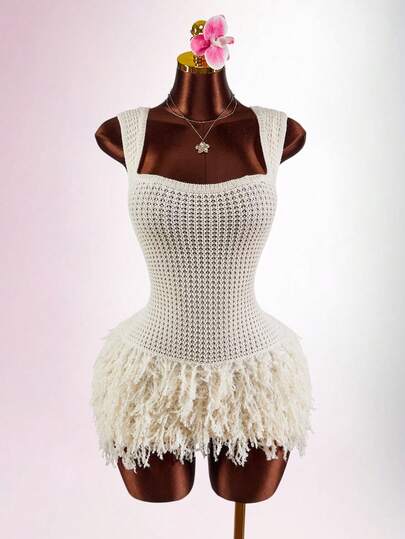 Amplova Y2K Women's Fashion Sexy Fringe Hem Mini Knit Dress Crochet Clothes Crochet Dress Crochet Dresses For Women Fringe Dress White Fringe Dress Vacation Outfits Women Y2K Valentine's Day Resort Wear Women Gatsby Dress Casual Dresses For Women