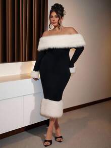 SHEIN BAE 大码女式长袖毛绒长裙，秋冬款 - 黑色 - 查看 2